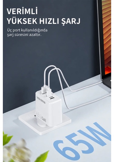 Ven-dens Sp-tc80bg 65 W Pd 3 Portlu Hızlı Şarj Adaptörü, 2 Type-c Ve 1 Usb-a, Pd 3.0 Ve Qc, Beyaz