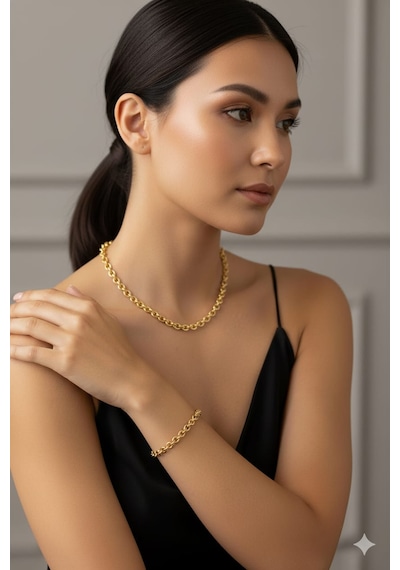 925 Ayar Papatya Silver 6 Mm Doç Zincir Kolye Bileklik Set.rose.gold.rodaj Gümüş