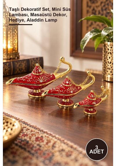 3 Adet Alaaddin Lambası Taşlı Dekoratif Set, Mini Süs Lambası, Masaüstü Dekor, , Aladdin Lamp