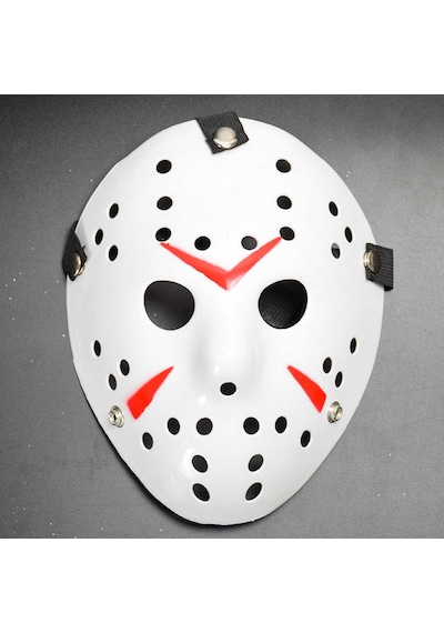 Beyaz Renk Kırmızı Çizgili Tam Yüz Hokey Jason Maskesi Csmtex - 73 Hannibal Maskesi
