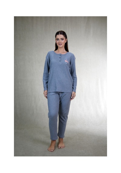 Estiva Kadın Nakış İşlemeli Patlı İnterlok Şardonlu Pijama Takımı Gri