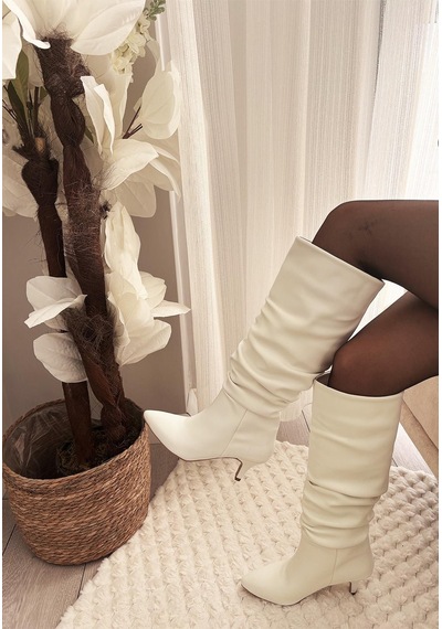 Asmi Shoes Kadın Oslo Topuklu Körüklü Şık Tarz Günlük Rahat Çizme Beyaz Beyaz