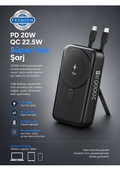 22.5w Hızlı Şarj Powerbank Type-c Giriş Çıkışlı Kablolu Magsafe Uyumlu Taşınabilir Şarj Cihazı Siyah