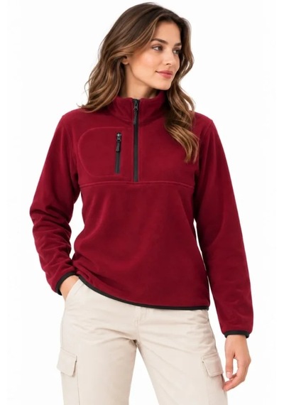 Butik İstanbul Polar Dik Yaka Yarım Fermuarlı Fermuarlı Göğüs Cepli Regular Fit Kışlık Sweatshirt - Bordo