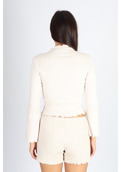 Soft&Basic Bej Balıkçı Yaka Baby Overlok Dikişli Bluz Bej
