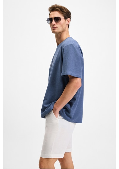 Grımelange BONDIA Erkek Baskı Detaylı %100 Organik Pamuk Oversize Fit Bisiklet Yakalı Kısa Kollu İndigo T-Shirt