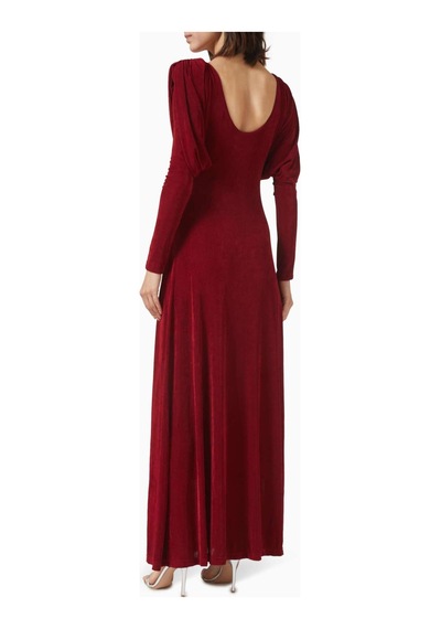 Eegen Studio Diva Maxi Elbise - Puf Kollu, Derin U Yırtmaçlı, Twinkle Knit Kumaş Kırmızı Kod 006732