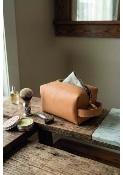 Hakiki Deri El Yapımı Erkek Bakım Çantası - Vintage Dopp Kit - Büyük Boy Sarı