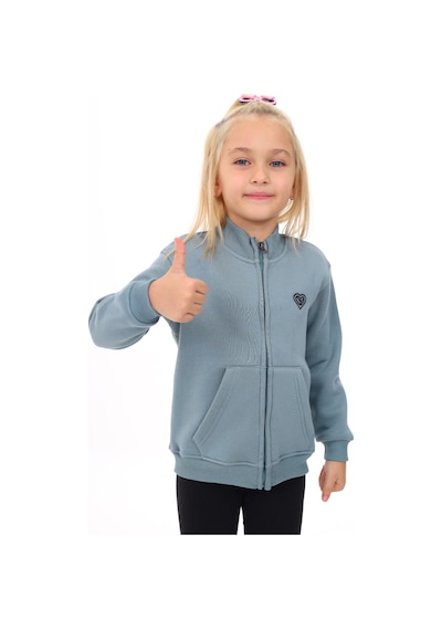Toontoy Kız Çocuk Dik Yaka Fermuarlı Cepli Nakış Baskılı Örme Hırka - 2 İplik Şardonlu Mint