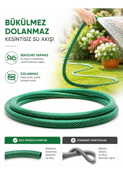 1/2 25 Metre Örgülü Bahçe Hortumu Balkon Bahçe Sulama Temizlik Araç Yıkama Su Hortumu Dolanmaz Kırılmaz Yeşil