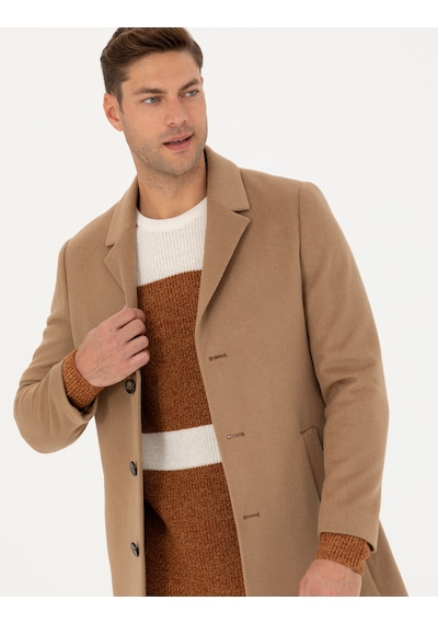 Pierre Cardin Camel Yün Karışımlı Ekstra Slim Fit Kaşe Kaban 50270887-vr015