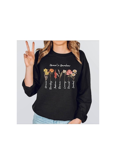 Herkesemoda Sıralı Çiçekler Baskılı 2 İplik Şardonlu Bisiklet Yaka Sweatshirt Siyah