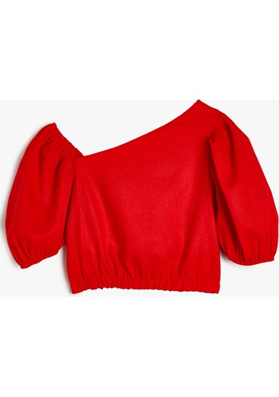 Koton Crop Keten Bluz Balon Kollu Asimetrik Yaka Kırmızı 4skg60035aw Kırmızı