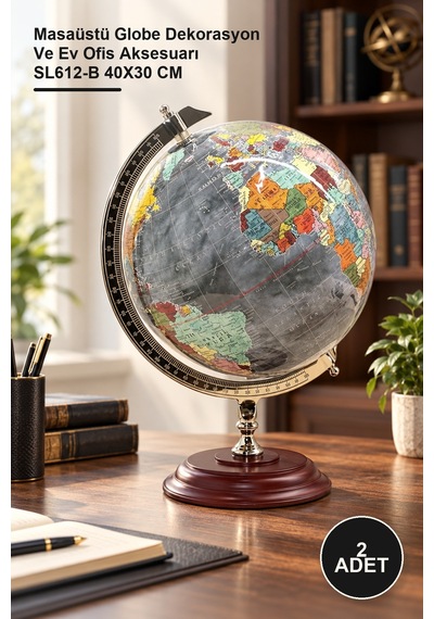 2 Adet Dekoratif Dünya Küre Masaüstü Globe Dekorasyon Ve Ev Ofis Aksesuarı Sl612-b 40x30 Cm 1