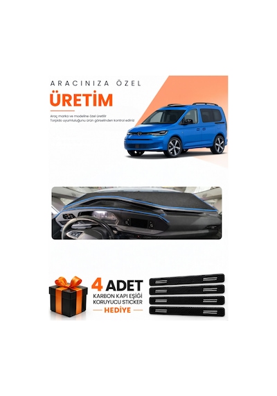 Volkswagen Caddy 2022-2026 Uyumlu Torpido Koruma Örtüsü Oto Kılıfı - Siyah Mavi