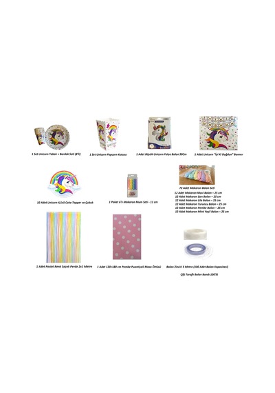Unicorn Doğum Günü Elite Set Makaron Balon Seti 130 Parça + Unicorn Banner + Unicorn Balon Çok Renkli