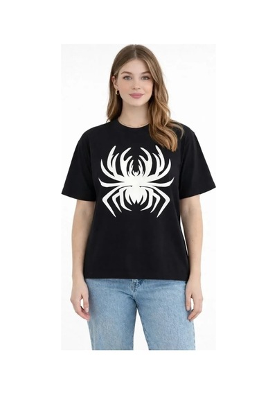 Defymoda Örümcek Baskılı Tişört Kısa Kollu Bisiklet Yaka T-shirt - Siyah