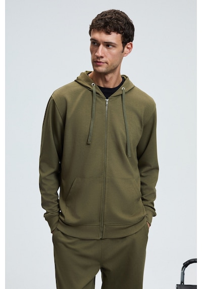 Grimelange GAGE Erkek Kapüşonlu Metal Kuş Gözü Detaylı Fermuarlı Kordonlu Cepli Haki Sweatshirt