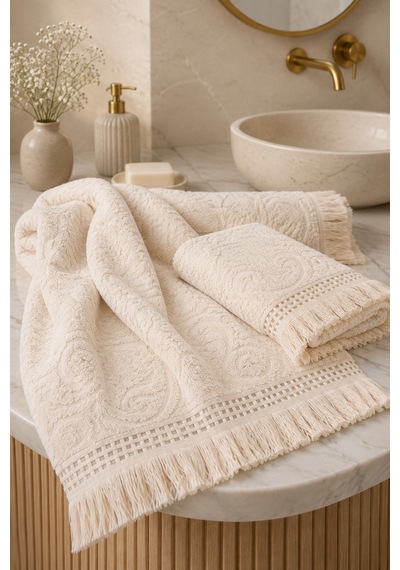 Paisley Desenli Saçaklı 2 Li Baş Ve Banyo Havlusu Seti 50x90 + 90x150 Cm - Ekru