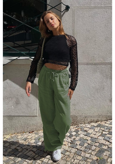 Madmext Haki Beli Büzgülü Wide Leg Kumaş Pantolon Mg1950 Haki