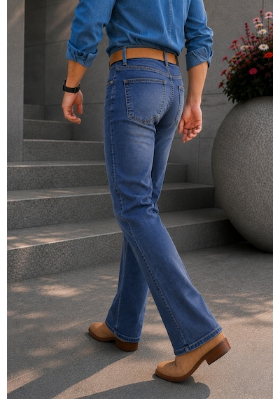 Cedy Denim Cedy Denım Premium Seri: Erkek Retro Flare Bootcut Jean - Geniş Paça Taşlanmış Denim Pantolon C370 Açık Mavi