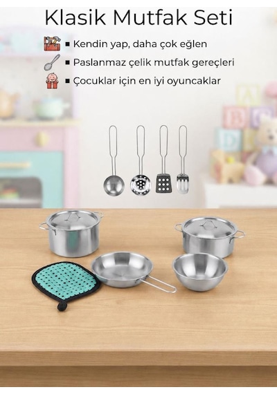 TıfılToys Çocuk Oyuncak Mutfak Seti 11 Parça Metal Tencere Tava Ve Mutfak Gereçleri Oyun Seti