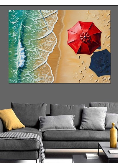 Kırmızı Şemsiye Plaj Manzarası Dekoratif Kanvas - Mdf Ahşap Tablo
