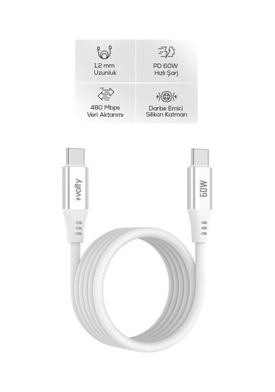 Type-c To Type-c Hızlı Şarj Kablosu 60w Pd, Ultra Esnek Silikon, 480mbps, 1.2m Beyaz-v0201015