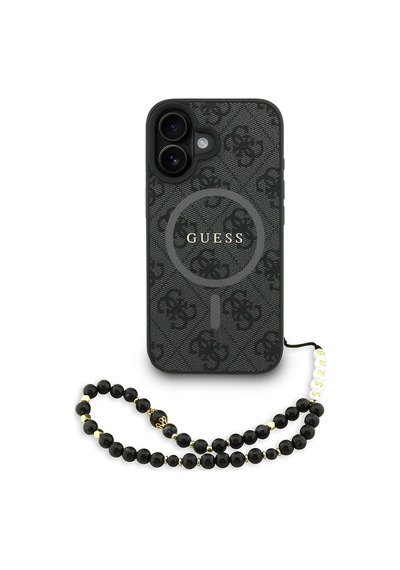 Apple iPhone 16 Uyumlu Kılıf Guess Lisanslı M safe Bilek Askı İpli Yazı Logolu Kapak Siyah