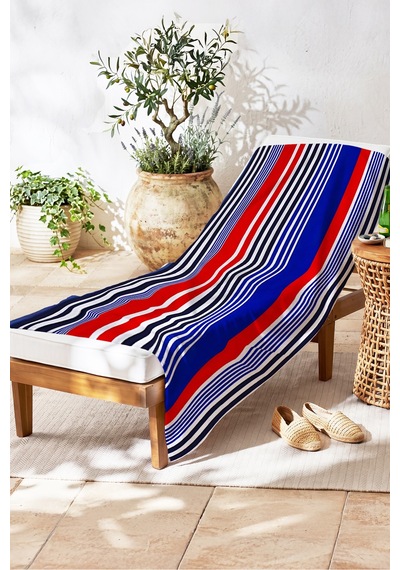 Çizgili Marine Çift Taraflı Plaj Havlusu - Modern Lacivert Kırmızı Hızlı Kuruyan Mikrofiber Havlu Çok Renkli