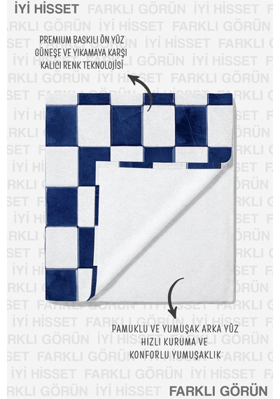 Damalı Kare Desenli Lacivert Beyaz Plaj Havlusu - Geometrik Marine Hızlı Kuruyan Mikrofiber Havlu Serin İncir