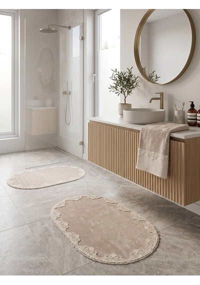 Çeyizlik Güpürlü Dantelli Banyo Paspas Takımı Kaymaz Taban 2'li Bej 60x100 50x60 Cm