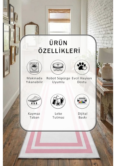 Çerçeve Beyaz Pembe Yıkanabilir Yolluk