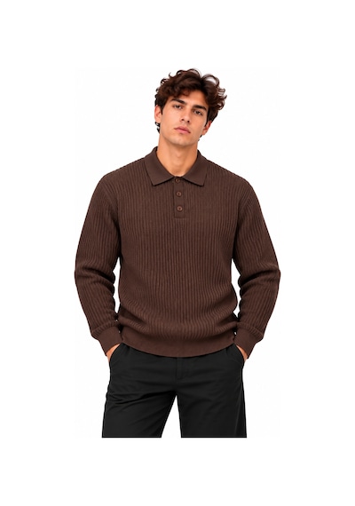 Erkek Polo Yaka Uzun Kollu Standart Fit Kalıp Kazak 27001 Kahverengi