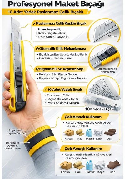 Profesyonel Maket Bıçağı, 10 Adet Yedek Paslanmaz Çelik Bıçaklı, 18 Mm Segmentli, Ergonomik Kaymaz Sarı Sap, Otomatik Kilit Mekanizmalı, Karton, Halı, Plastik, Kağıt Ve Deri İçin Çok Amaçlı Kesici.