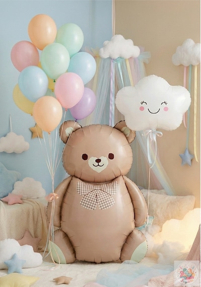 Ayıcık Folyo Balon 90 Cm + Bulut Balon 40 Cm + 10 Lu Makaron Balon Parti Süsleme Seti Kahverengi