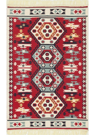 Red Cream Yıkanabilir Çift Taraflı Modern Desenli Dokuma Kilim