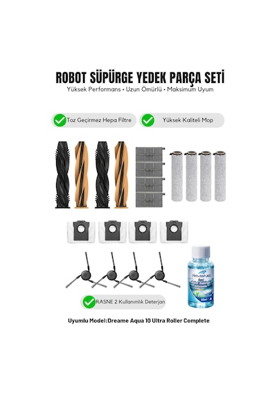Dreame Aqua10 Ultra Roller Complete İle Uyumlu 2 Ana Fırça 4 Yan Fırça 4 Filtre 4 Mop 1 Deterjan 4 Toz Torbası 8.0