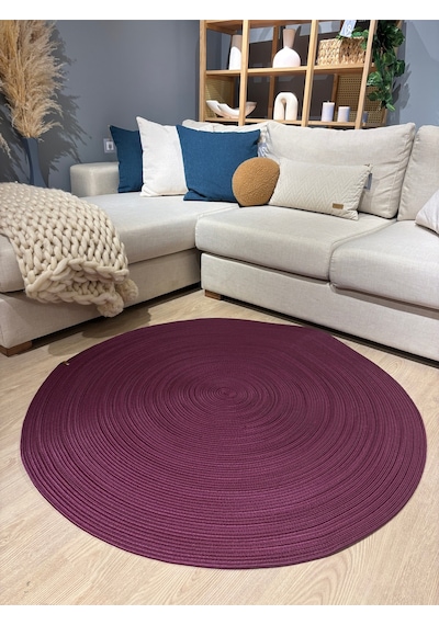 Mavaux Jüt Yuvarlak Hasır Görünümlü Klasik Halı Kilim Mürdüm