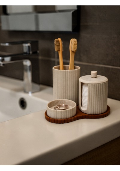 Banyo Seti 3 Parça Diş Fırçalık, Kapaklı Pamukluk Ve Takı Standı Modern Organizer Bej-kahverengi