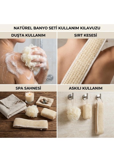 Deinhaus Doğal Banyo Lif Seti 3 Lü Kese, Sırt Lifi Ve Duş Süngeri Spa Seti