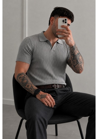 Tarz Cool Premium Fitilli Triko Polo Yaka Erkek Old Money T-shirt Gri