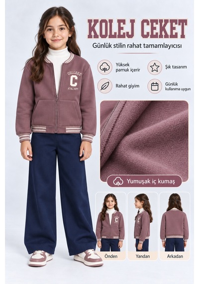 Ahengim Kız Çocuk Fermuarlı Kolej Ceket Cepli Nakış Detaylı Uzun Kollu Sweatshirt Ak26690 Lila