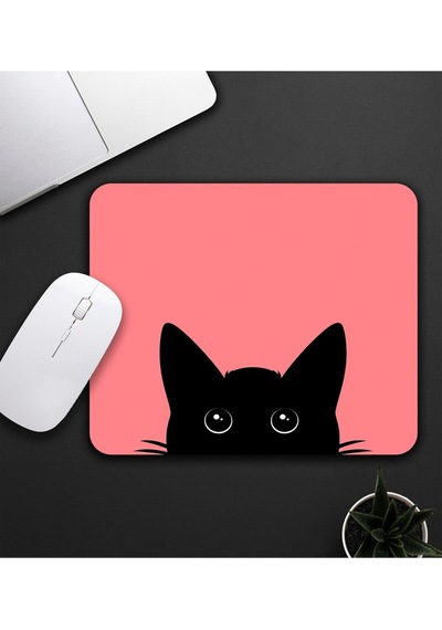 Açık Kırmızı Renk Kedi Baskılı Mouse Pad 23x19cm Fare Altlığı Kaydırmaz Taban Mousepad