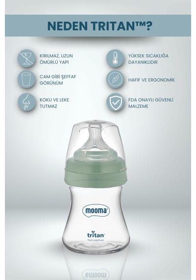 Mooma Neutra Antikolik Tritan Biberon 150 Ml 0-6 Ay Yavaş Akış - Yeşil