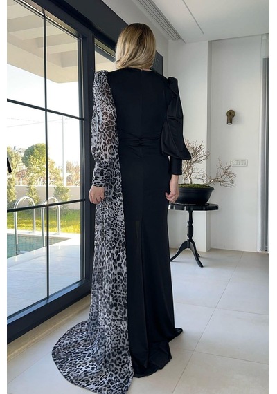 Ges Moda G1296 Leopar Detaylı Tasarım Abiye Elbise Gri Gri
