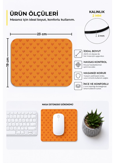Turuncu Renkli Kalpli Desenli Ergonomik Mouse Pad, Kaymaz Yüzey İle Ev Ve Ofis Kullanımı İçin İdeal