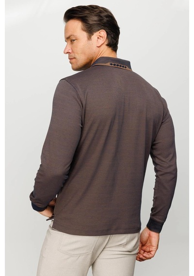 Desen Triko Erkek Polo Yaka Kare Desenli Uzun Kollu Sweatshirt Kahve Kahve
