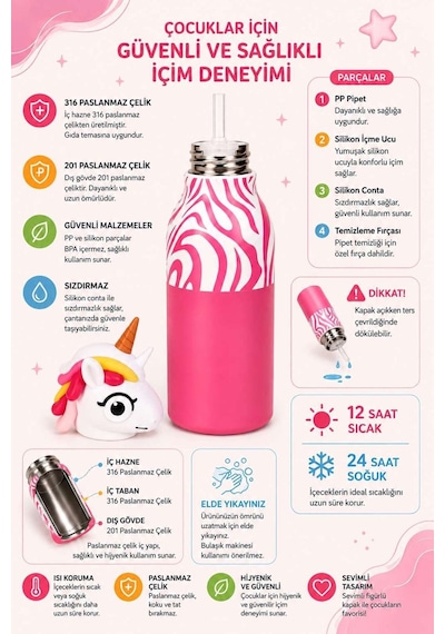 Koı Pembe Unicorn 500 Ml Paslanmaz Çelik-pipetli Çocuk Termosu Ve Suluk Pembe Pembe