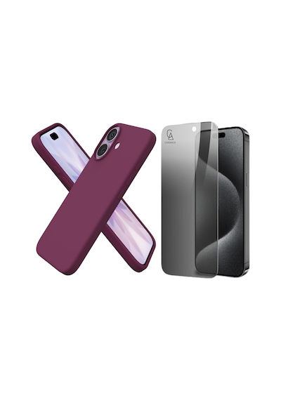 Apple Uyumlu iPhone 17 Içi Kadife Lansman Kılıf Ve Hayalet Privacy Tam Kaplayan Cam Ekran Koruyucu Koyu Mor